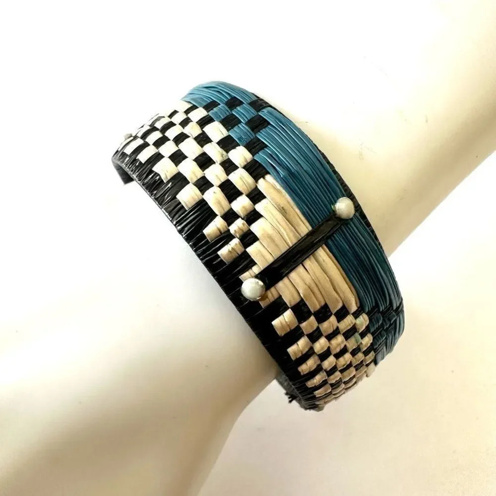 Raffia  hand woven blue and tan bracelet